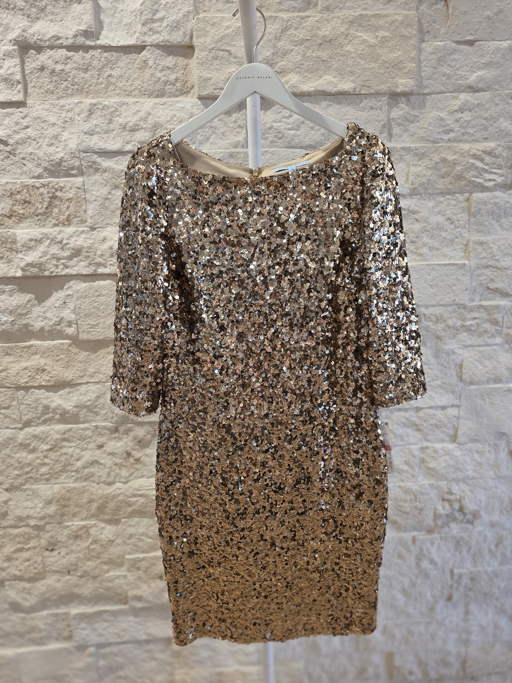 ANTONIO MELANI Gold Sequin Midi Sheath Dress